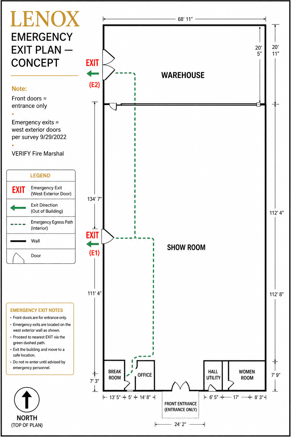 LENOX conceptual emergency exit plan — west exterior doors only; front labeled entrance
