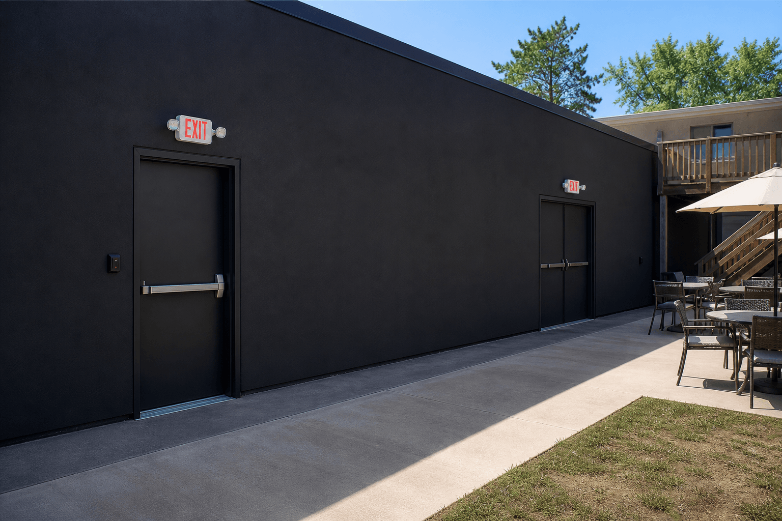 LENOX west exterior emergency exit doors with EXIT signs