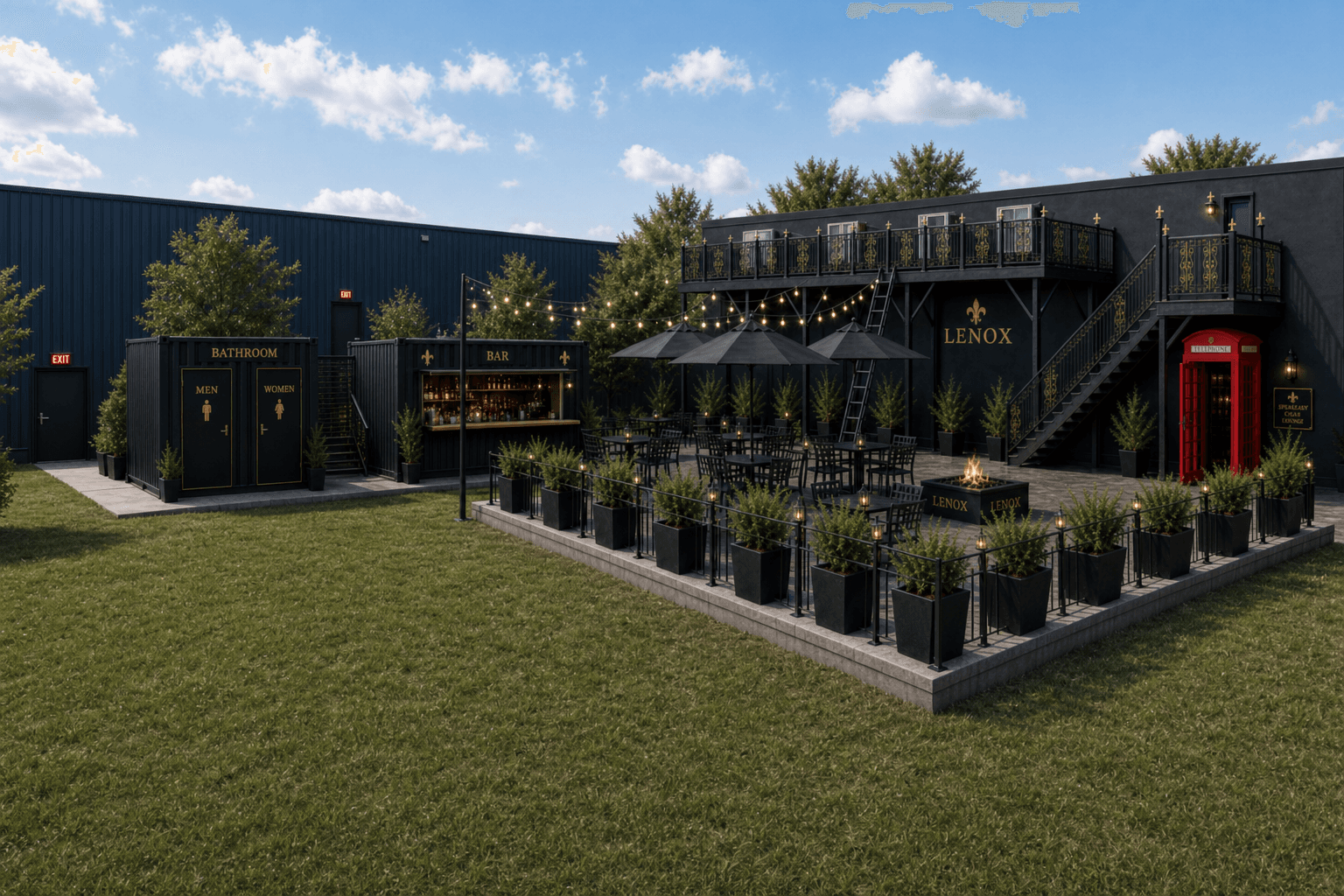 LENOX courtyard day with 20ft bar and restroom containers at back-left and west emergency exits