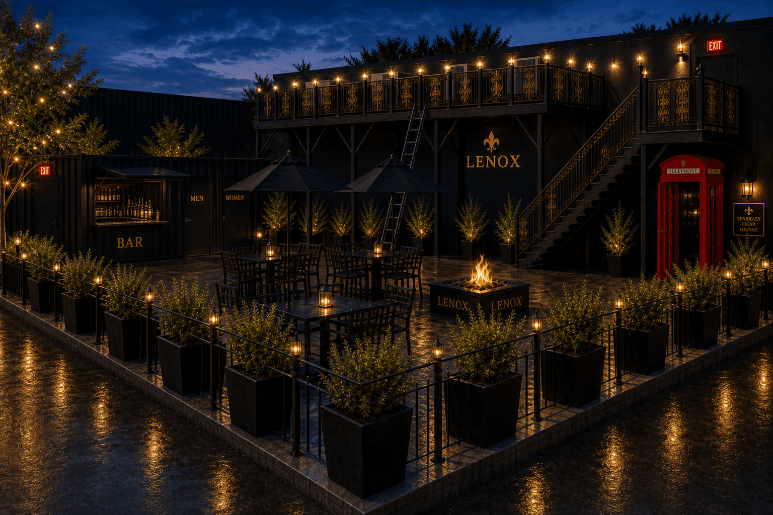 LENOX courtyard evening with 20ft bar and restroom containers at back-left and west emergency exits