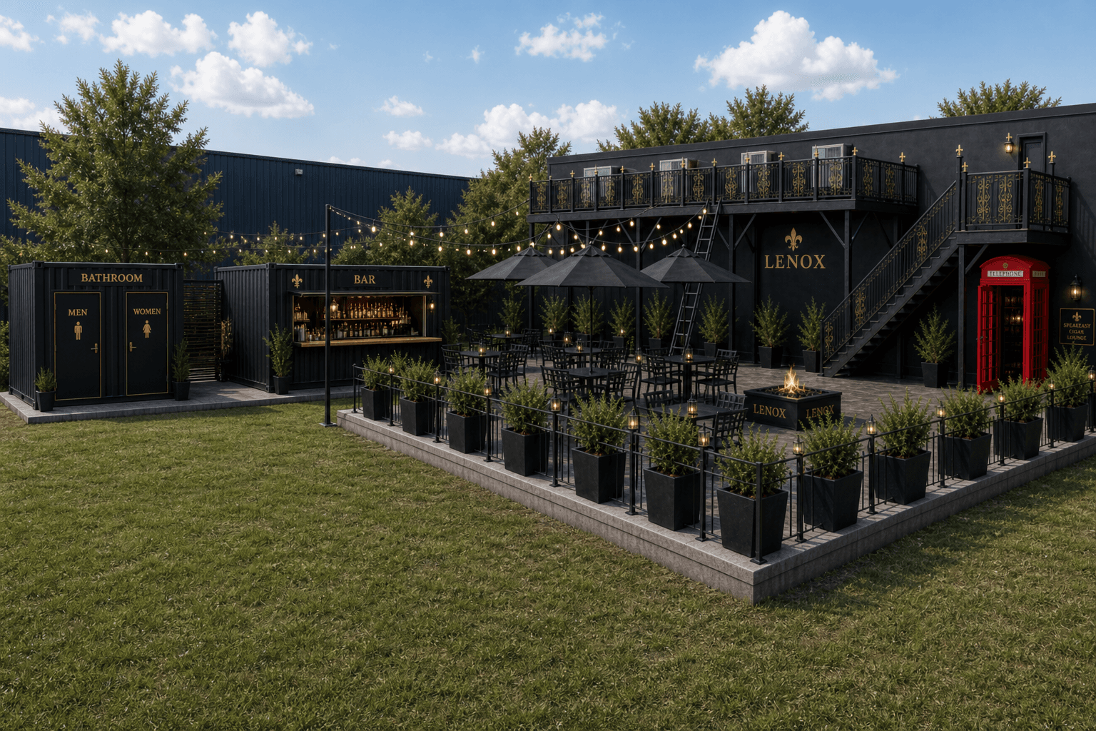 LENOX full courtyard day with 20ft bar and split restroom containers