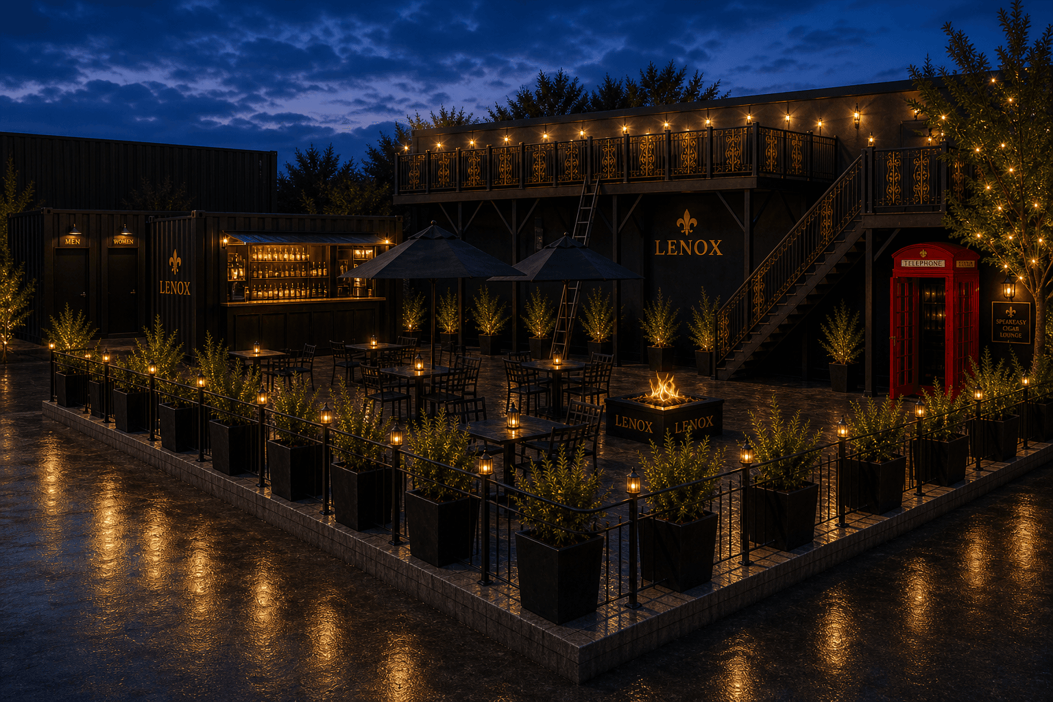 LENOX full courtyard evening with 20ft bar and split restroom containers