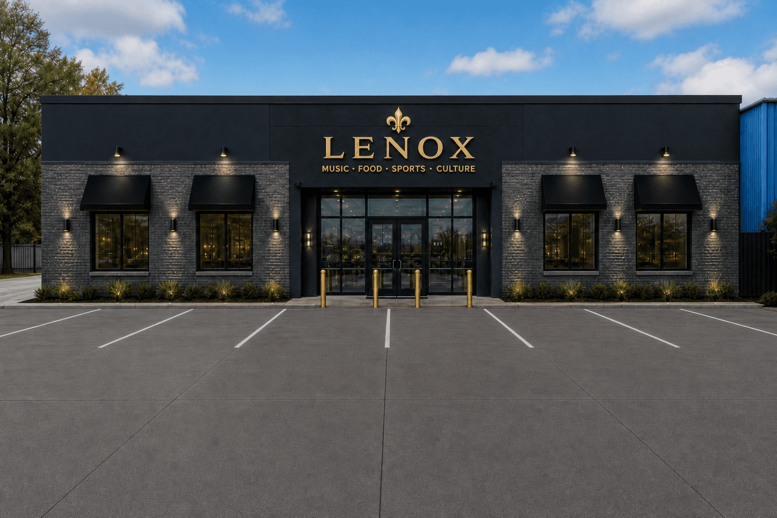 LENOX luxury front exterior in daylight — black, charcoal, gold