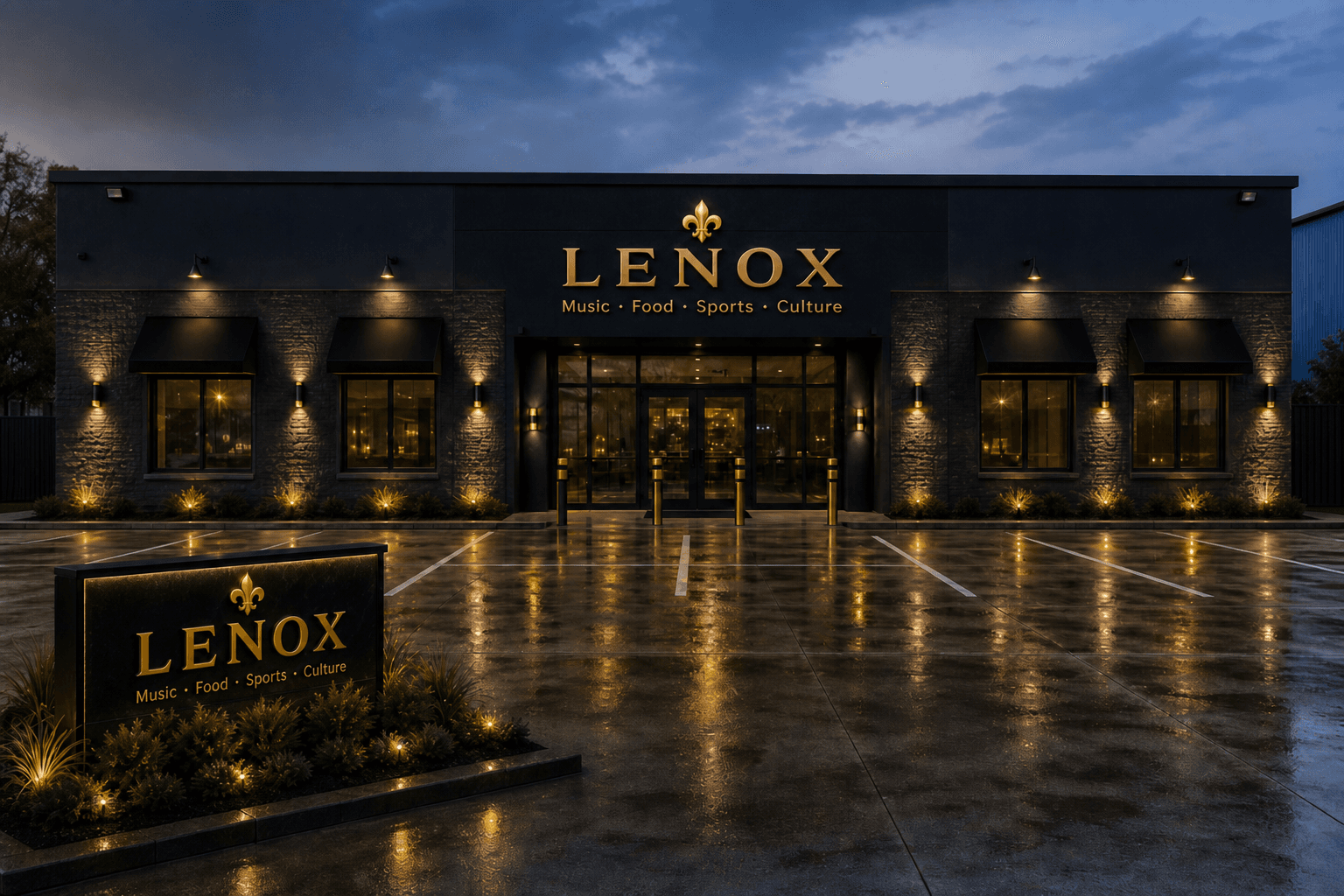 LENOX luxury front exterior at dusk — black, charcoal, gold