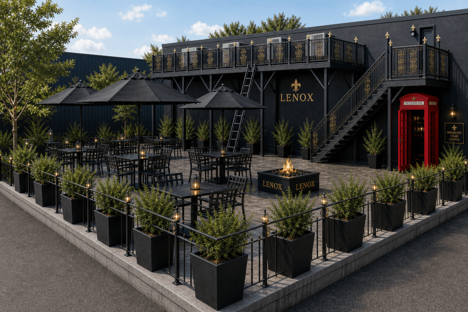 LENOX rear courtyard day — raised slab outlined by iron rail and planters, fleur-de-lis accents, speakeasy booth
