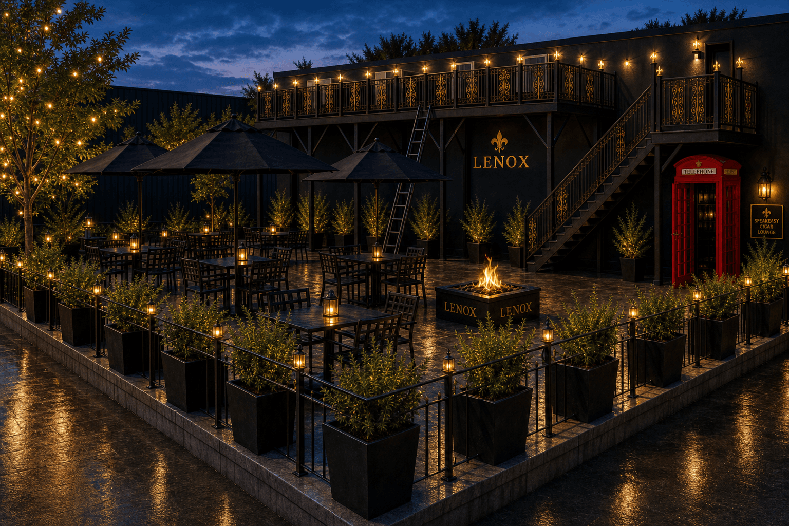 LENOX rear courtyard evening — raised slab outlined by iron rail and planters, fleur-de-lis accents, speakeasy booth