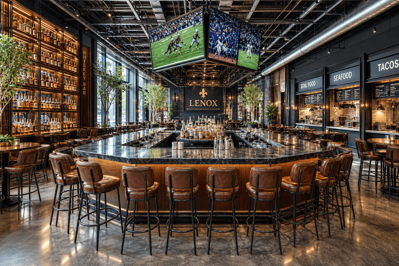 Daytime lit Main Bar island with ceiling TVs