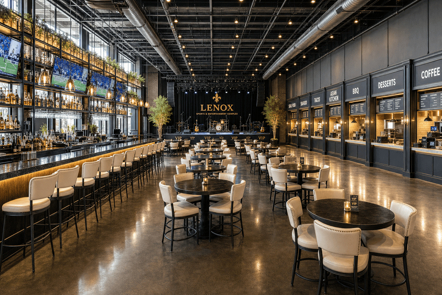 Daytime lit LENOX main room with stage, dining, and Fleur Delish stalls