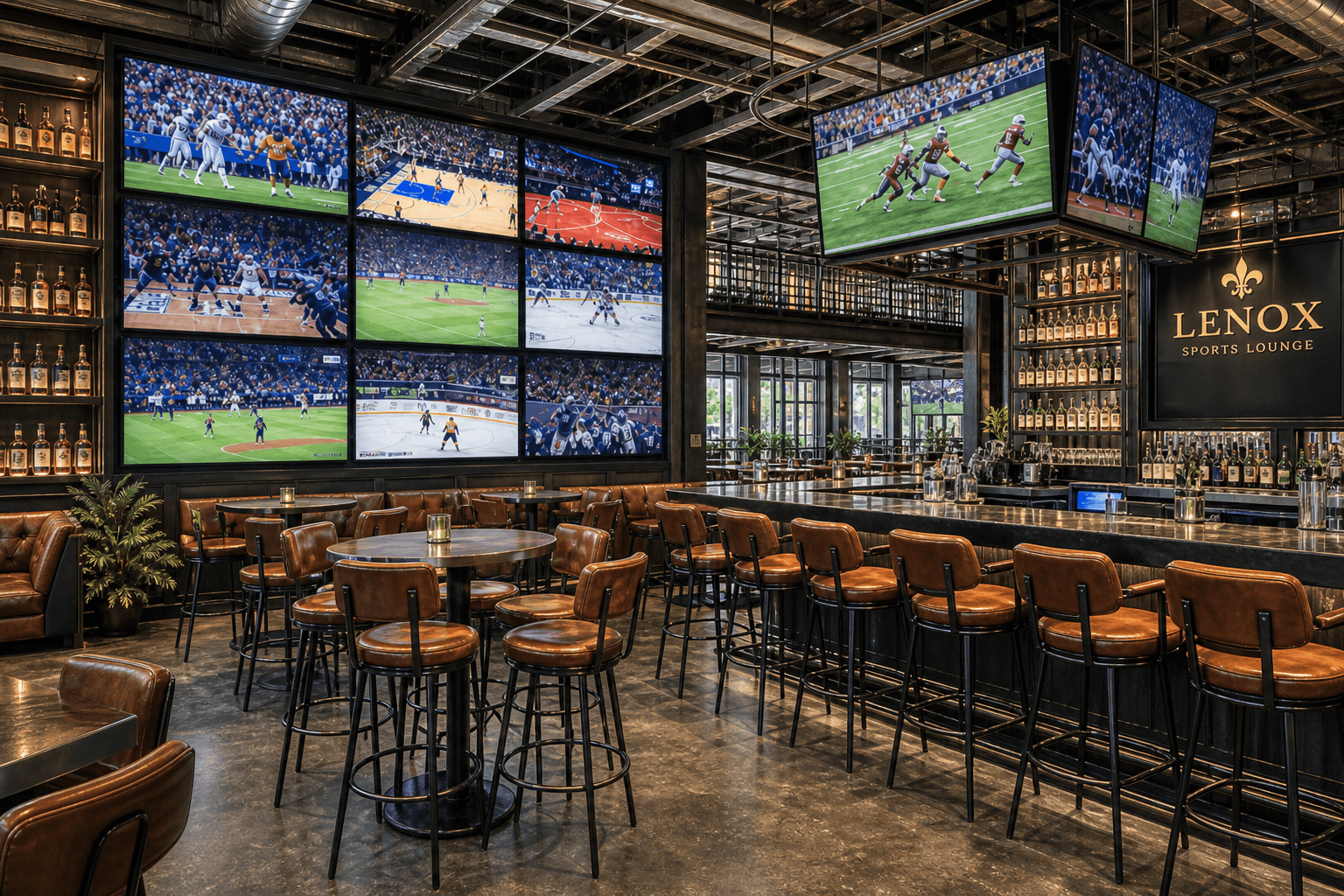 Daytime lit Sports Lounge multi-screen TV wall
