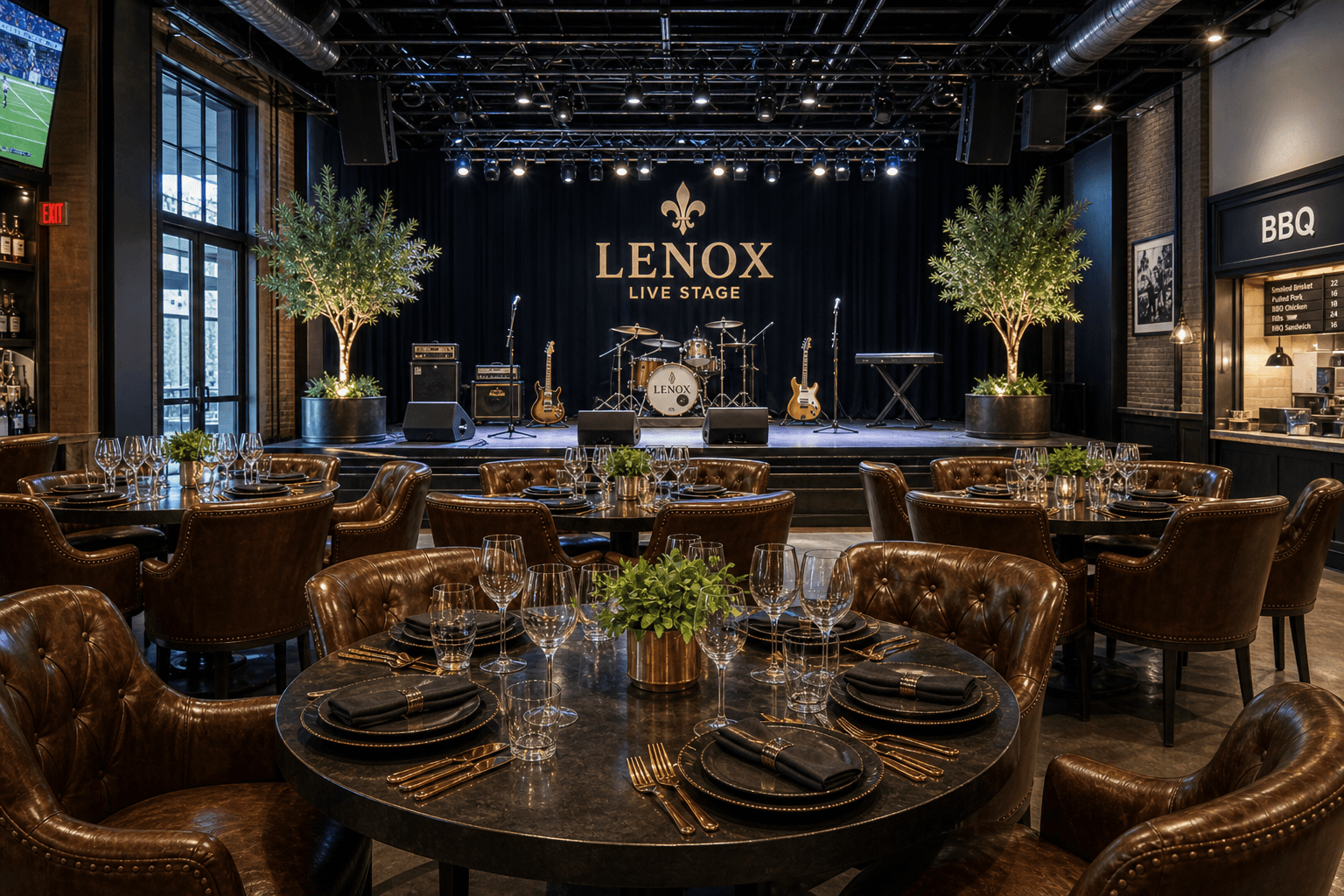 Daytime LENOX VIP front tables and live stage with lights on