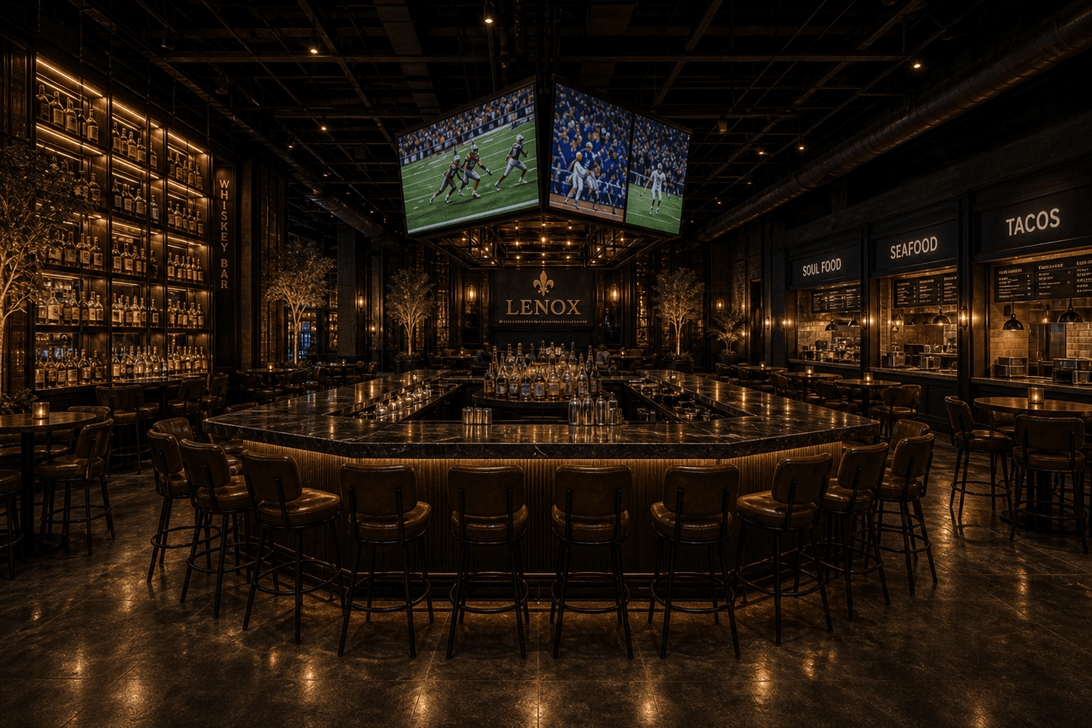 LENOX main island bar with ceiling TV cluster