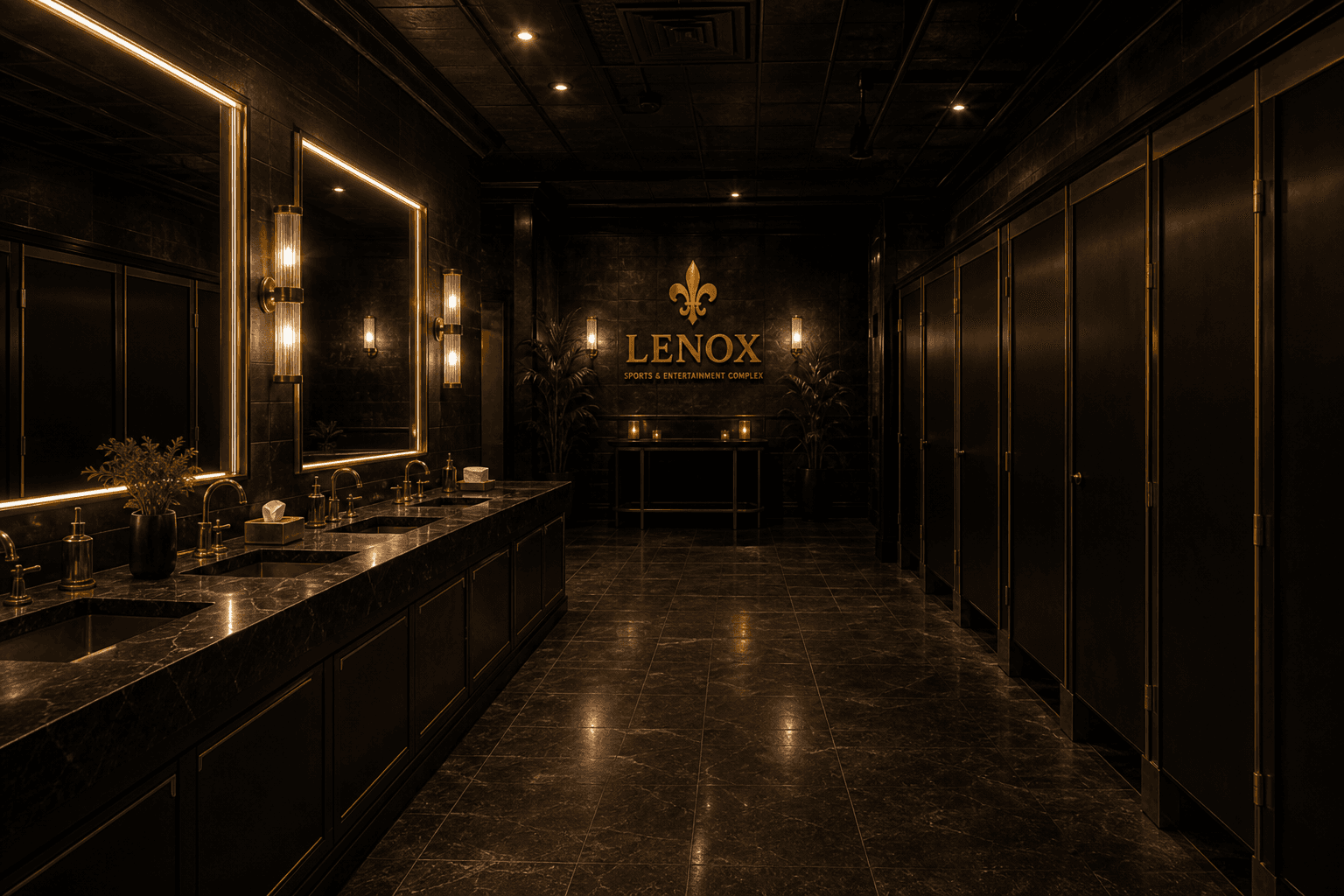 LENOX luxury restrooms with black charcoal and gold finishes