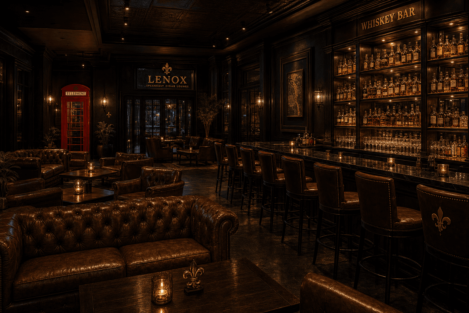 Speakeasy interior with whiskey bar and leather lounge